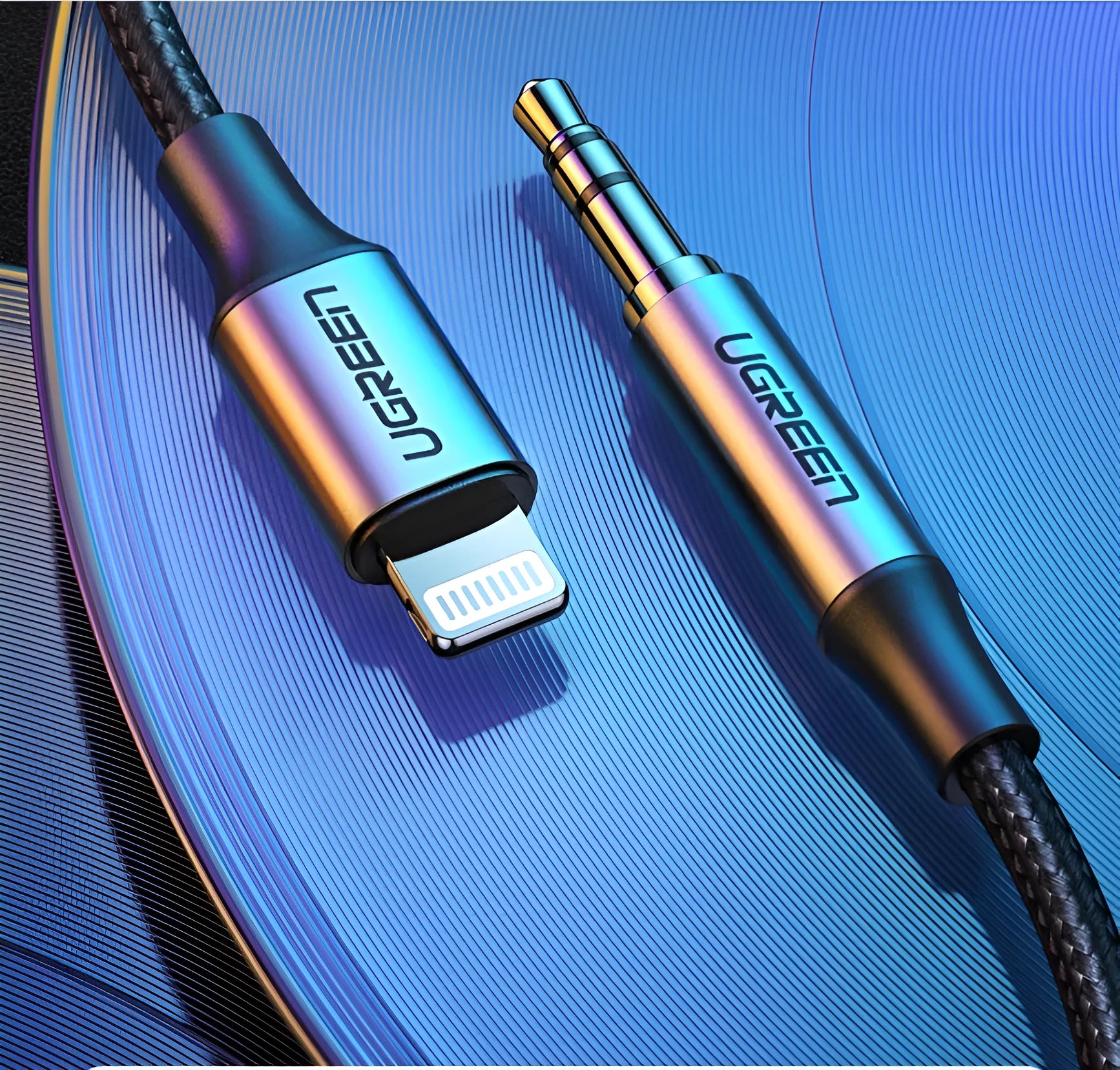 Black Apple Lightning to 3.5mm audio cable adapter with braided cable for car use