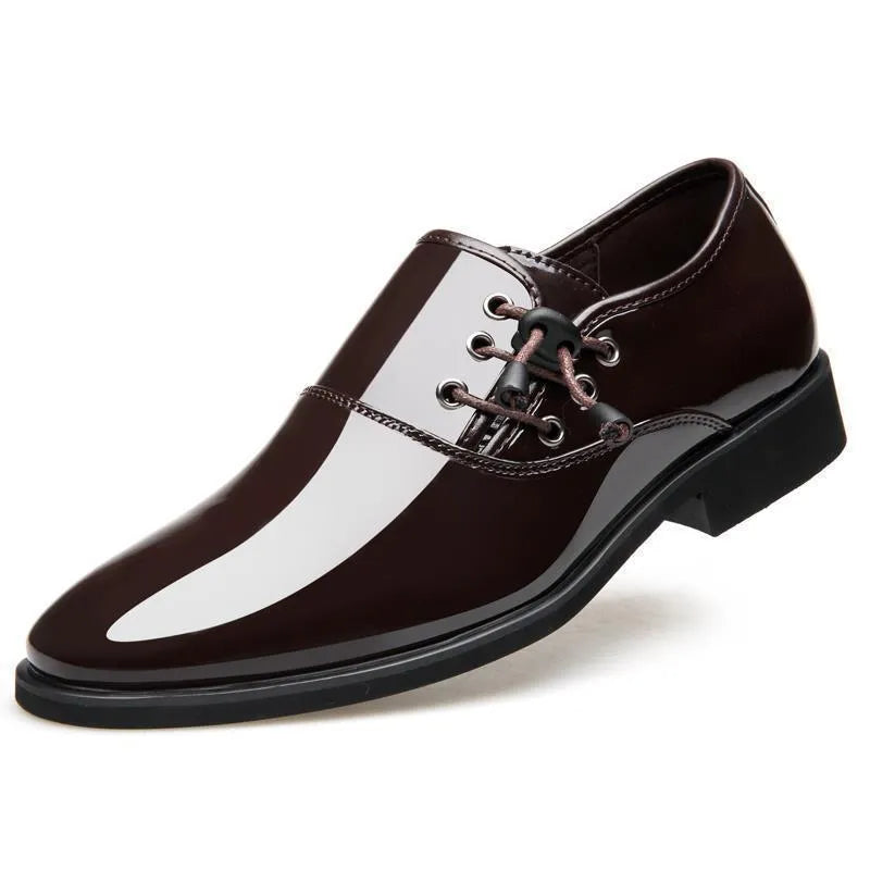 Men's black and brown formal business shoes with round toe and square heel, showing artificial PU upper and rubber sole.