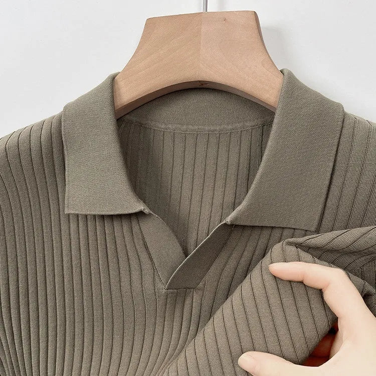 Men's striped mulberry silk T-shirt with lapel collar and short sleeves in multiple colour options.