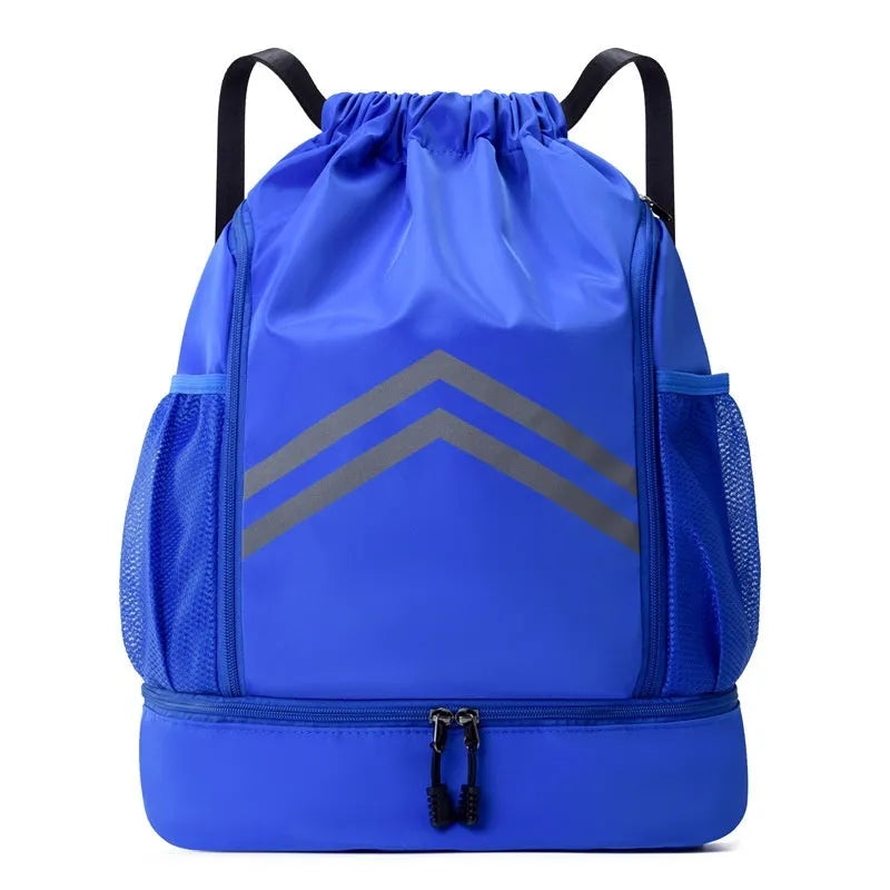 Men's reflective drawstring sports backpack in Oxford cloth with curved shoulder strap, available in multiple colours for outdoor activities