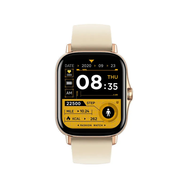 GT20 smart watch with black alloy case and silicone band showing heart rate monitoring display
