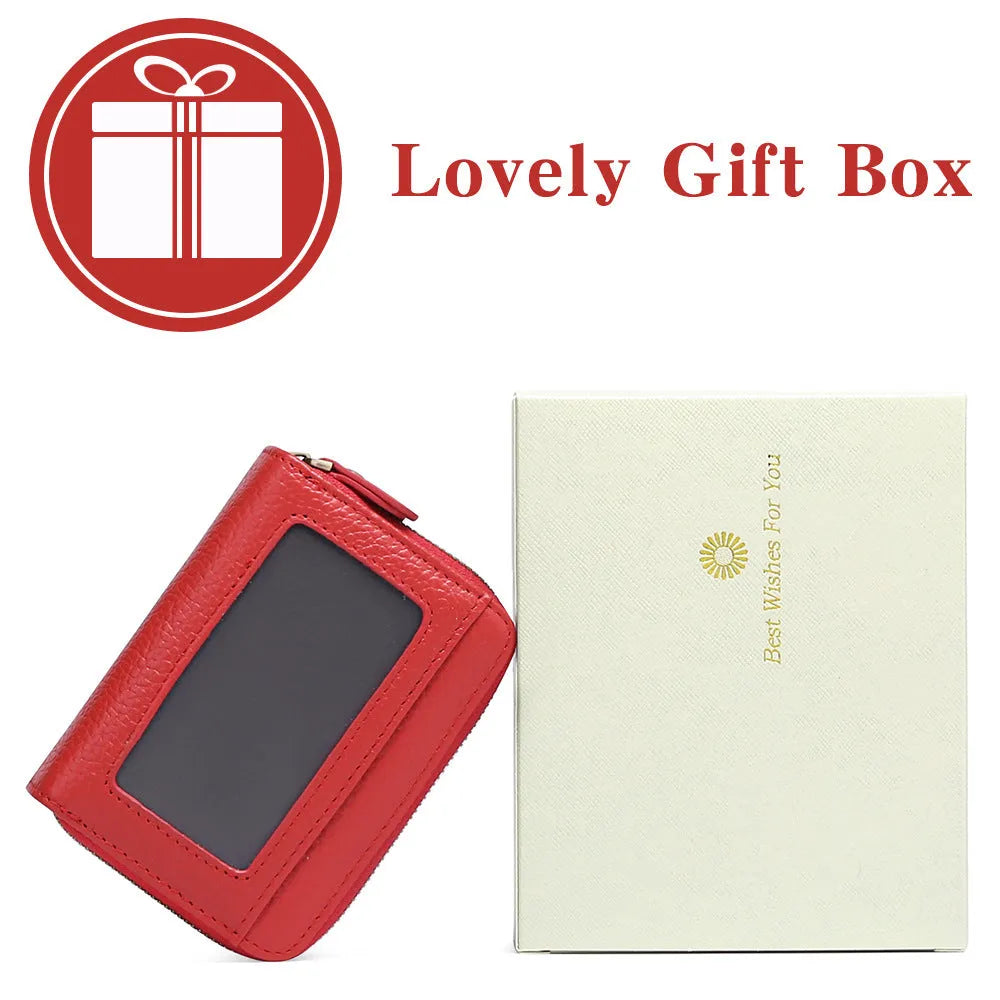 Genuine cowhide leather double layer card holder with zipper, shown in red colour with gift box.