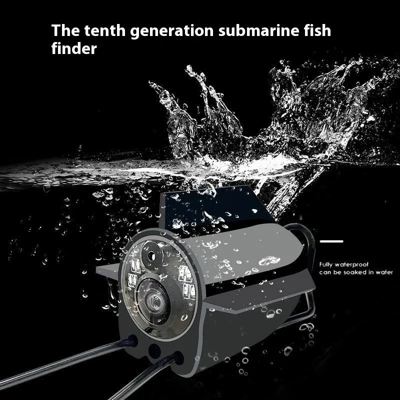 Underwater fish finder camera with 4.3-inch screen, wide-angle lens, and temperature sensor on a fishing boat.