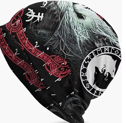 Viking totem wolf graphic on a grey sleeve cap beanie for street dance.