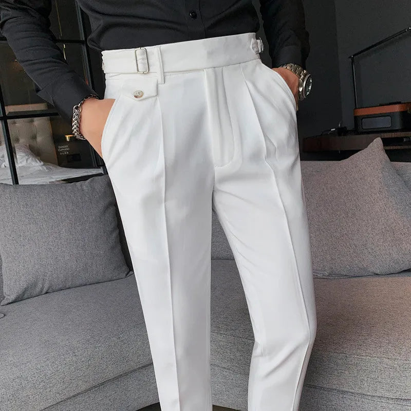 Straight-leg casual trousers in polyester fabric shown in a solid colour on a model.