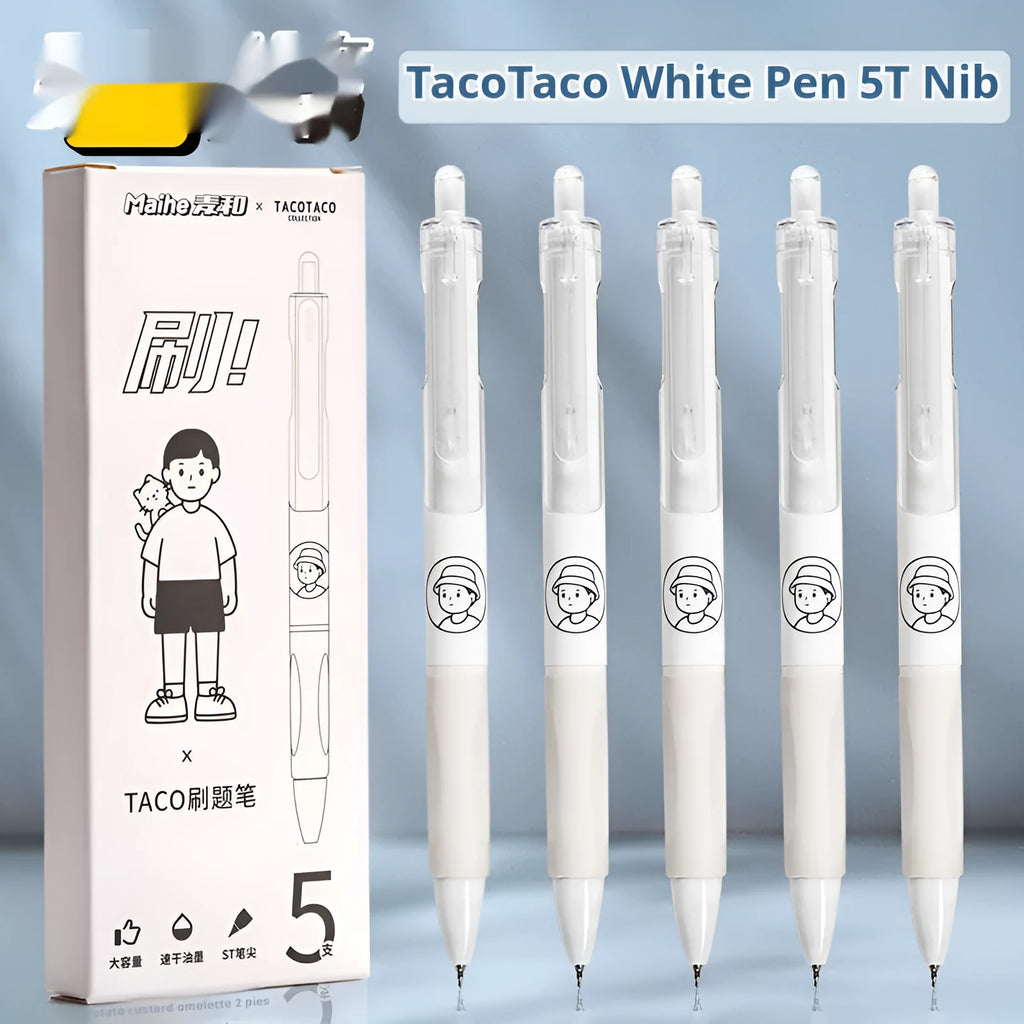 Five white ballpoint pens with 0.5mm tips and black quick-drying ink, laid side by side.