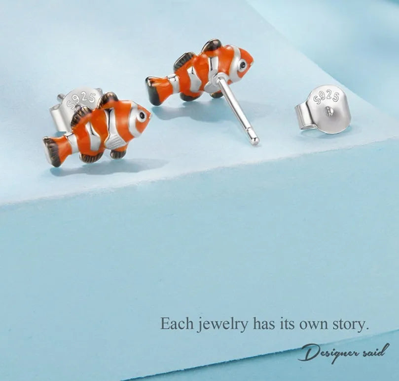 Clownfish stud earrings in 925 silver with dripping oil finish, colour SCE1918, one pair