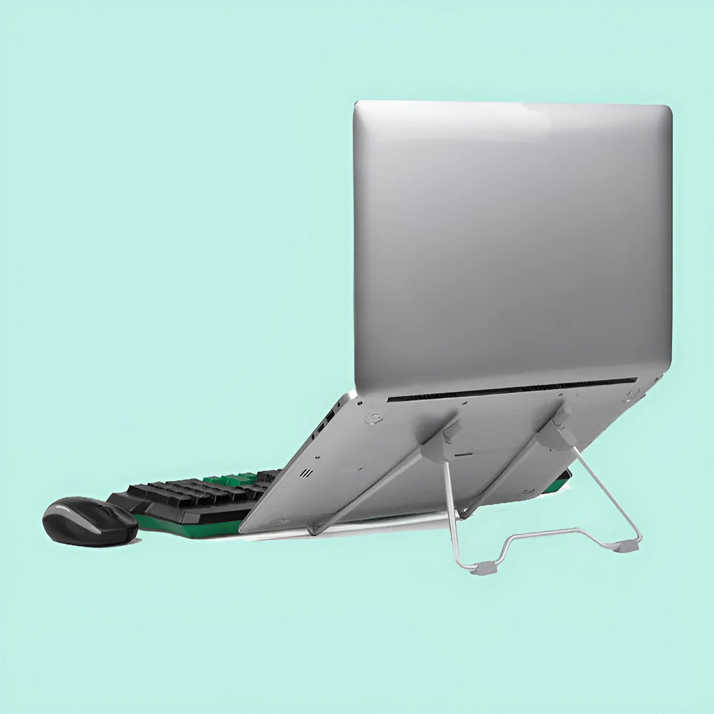 Grey adjustable mobile phone and laptop stand made from aluminium alloy and plastic