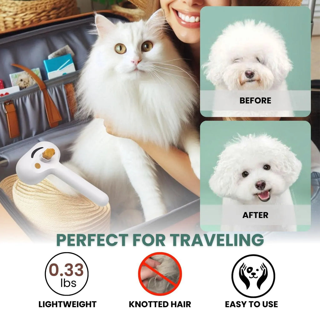 White pet grooming brush with steam spray function and self-cleaning feature for dogs and cats