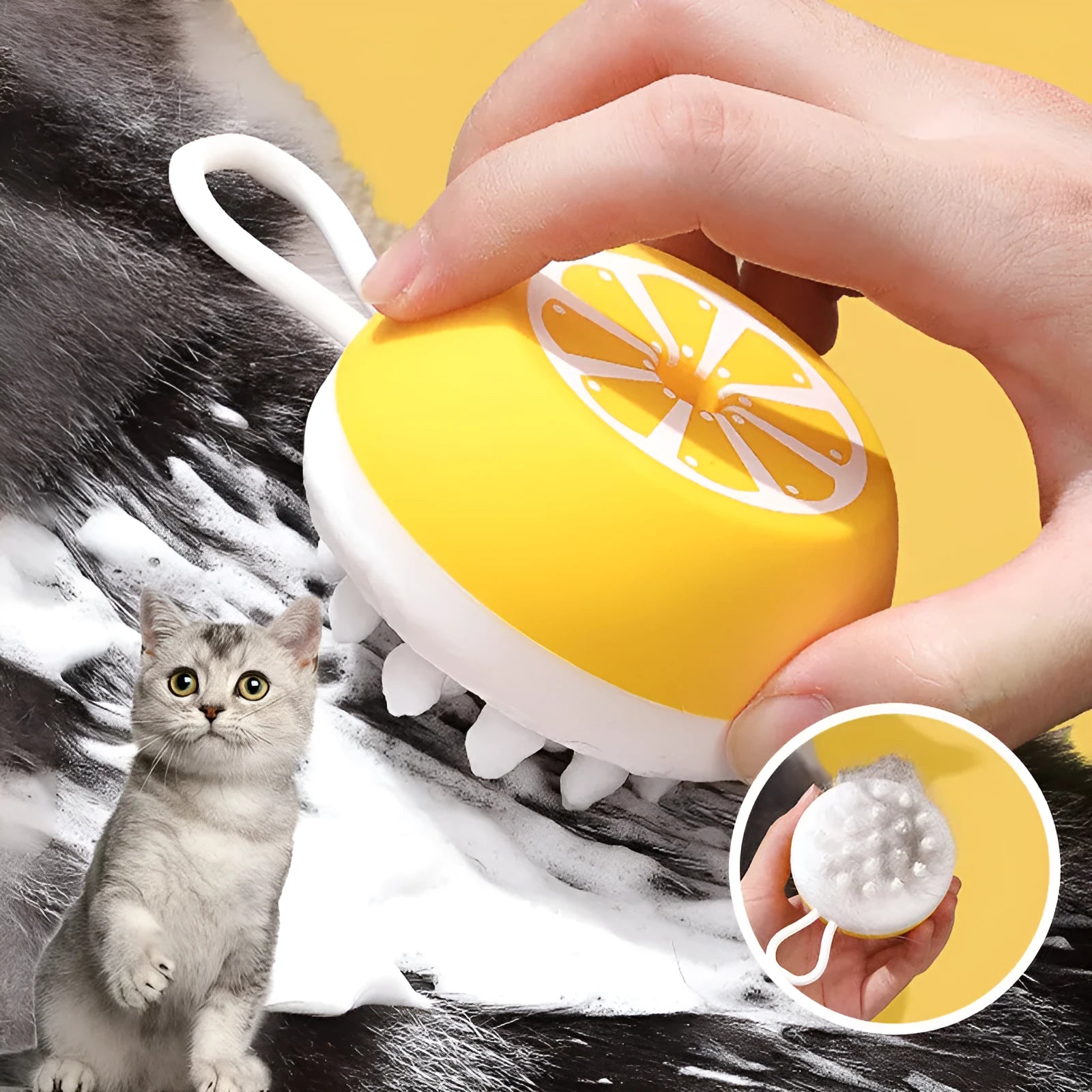 Yellow silicone pet bath brush with massage head and comb side for dog and cat grooming.