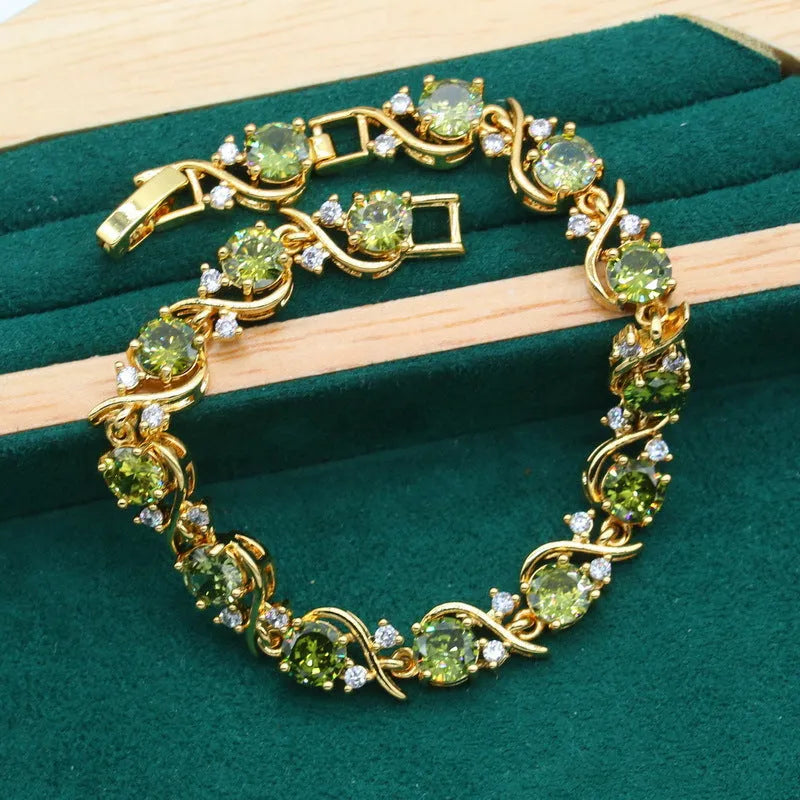 Women's rhinestone jewellery set with zircon inlay on copper with electroplated olive green or red finish