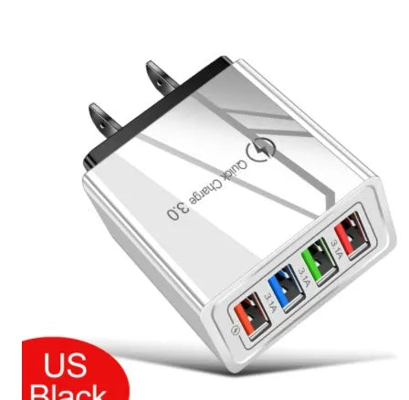 Simple Luminous 4-port USB wall charger with UK plug, shown in multiple colours including dark blue and grey white.