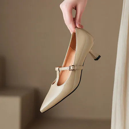 Women's genuine leather square toe high heels with 6-8cm heel in black, apricot or red colour options
