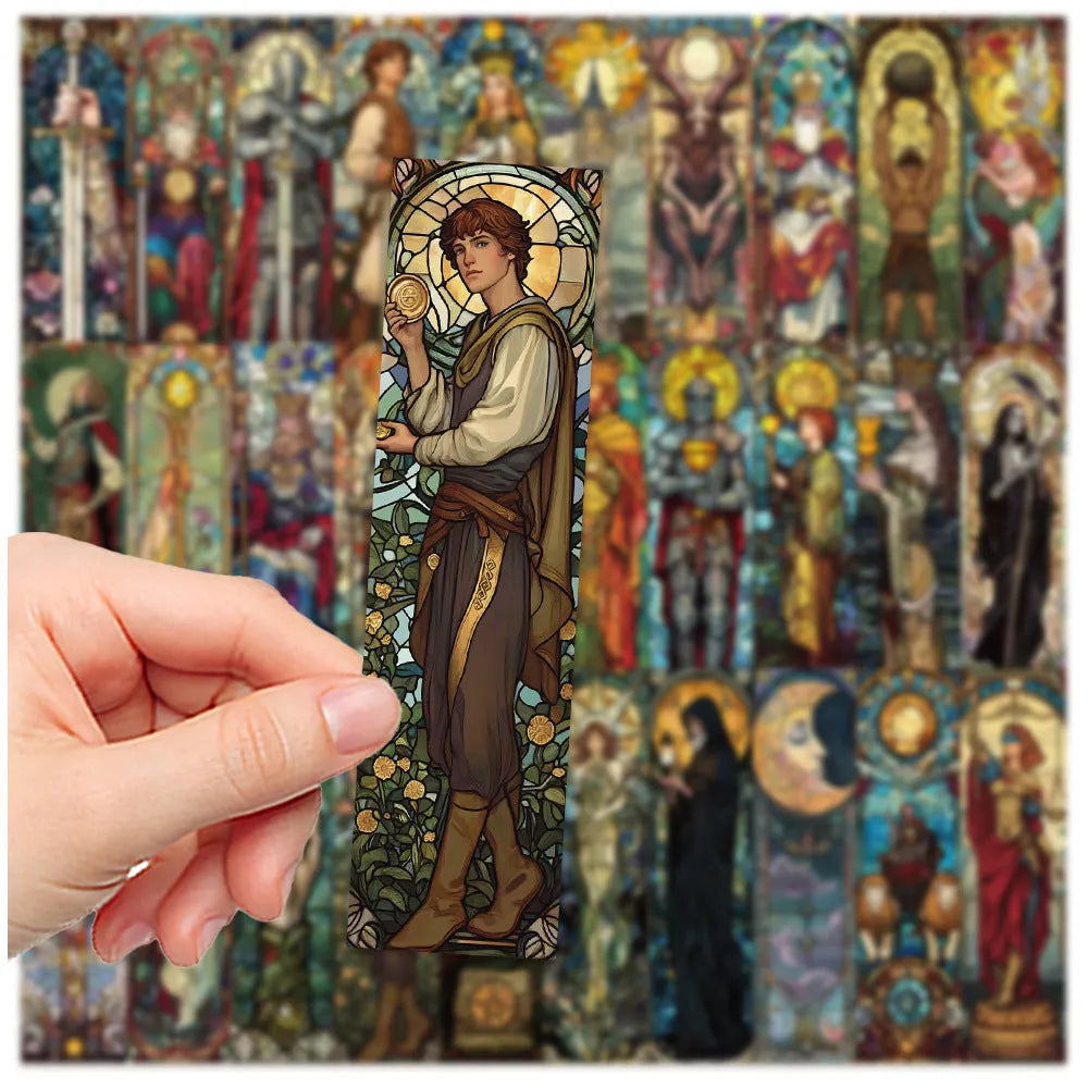Set of 30 painted glass tarot bookmarks with cute designs on paper, showing colourful illustrations