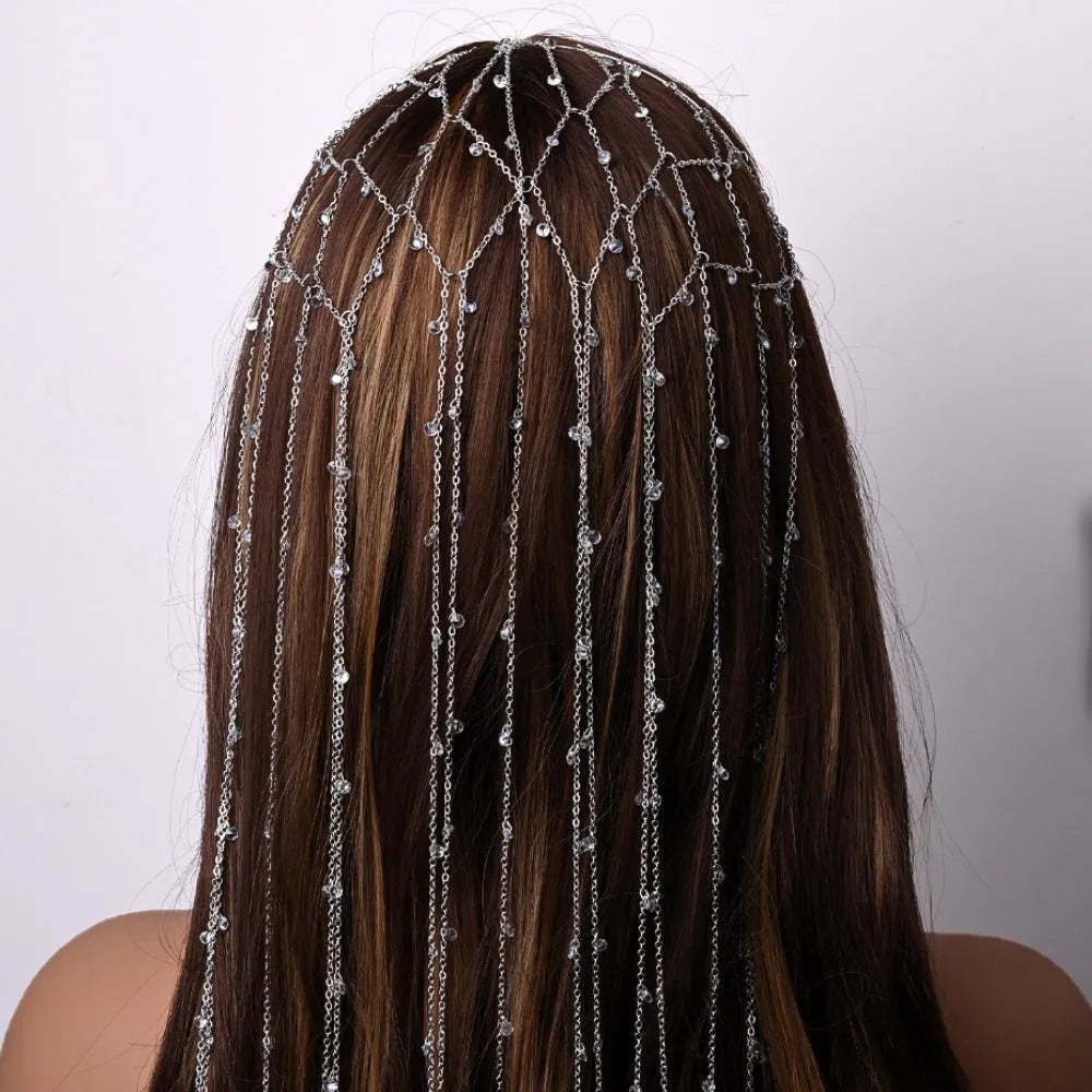 Gold and silver mesh tassel rhinestone headband hair accessory
