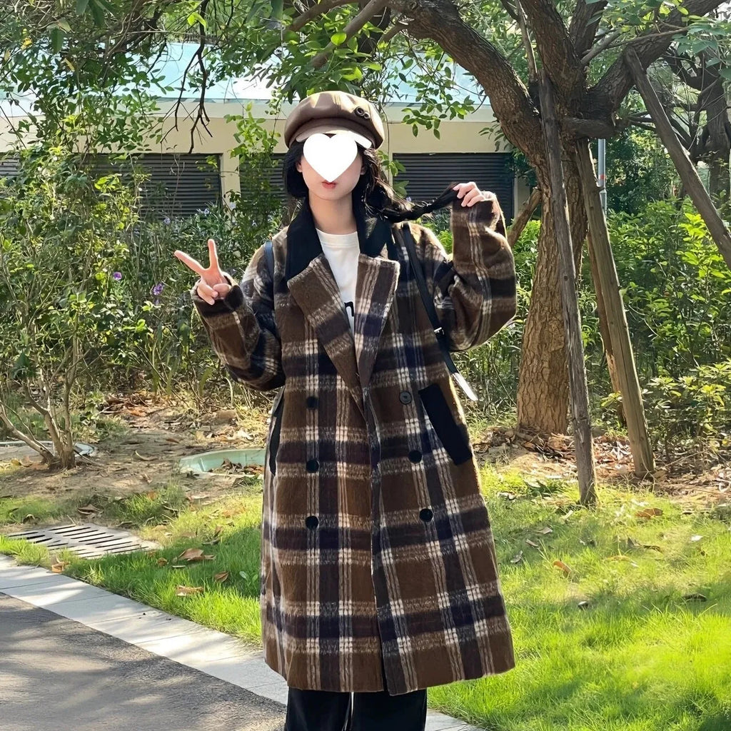 Women's Korean-style plaid coffee woolen overcoat with short straight fit and half sleeves