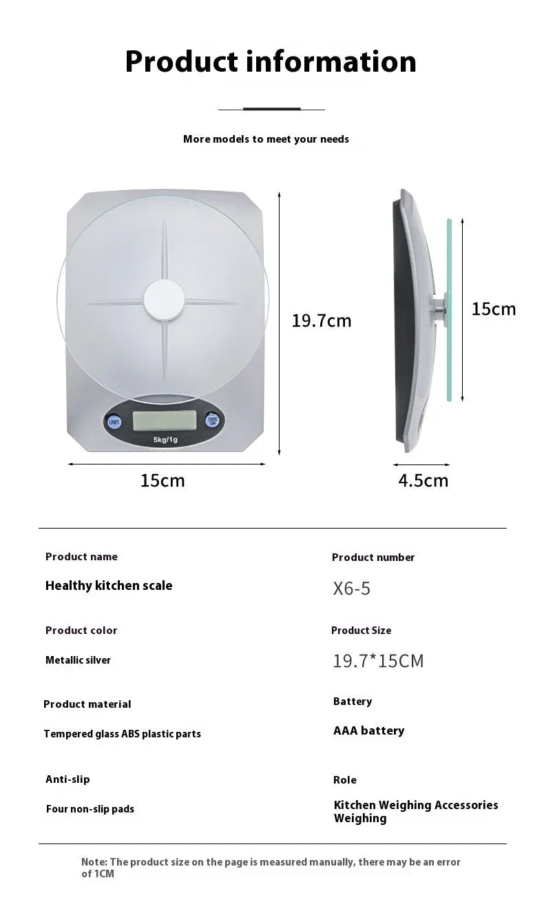 Silver white mini kitchen electronic scale, battery-powered, simple compact design for weighing
