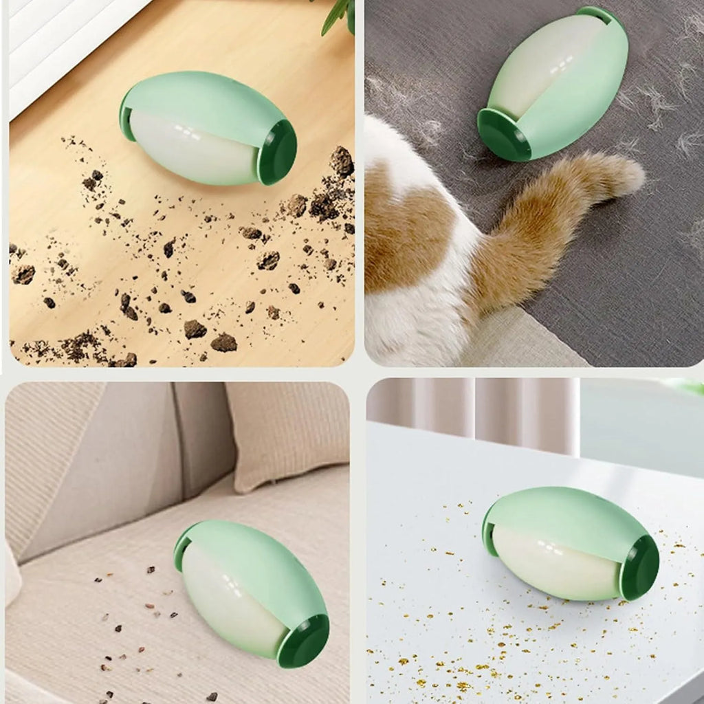 Green and white washable gel lint roller ball for pet hair removal on fabric.