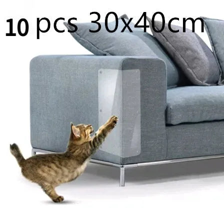 Two transparent PVC self-adhesive cat claw protector pads on a leather sofa arm, each 47x15cm