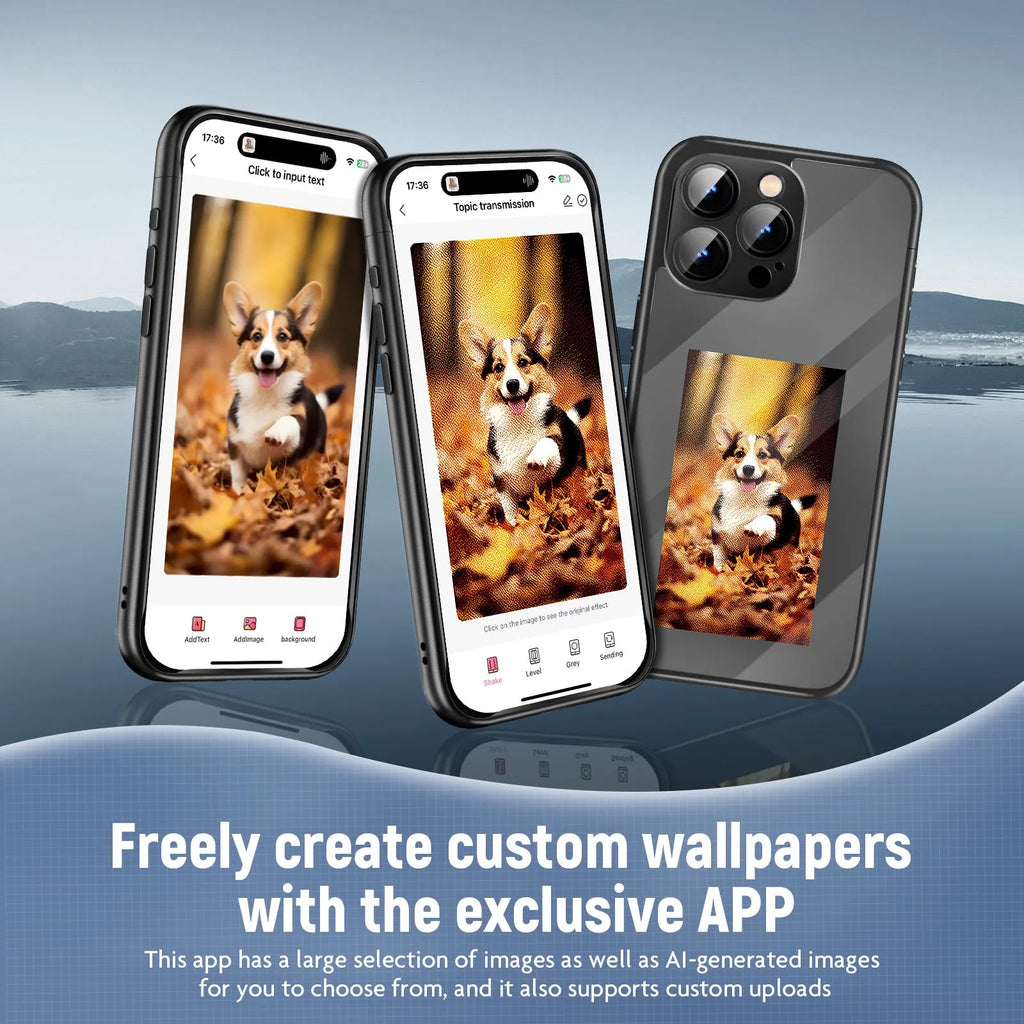 Black iPhone 15 Pro Max flip case with NFC ink screen for custom designs