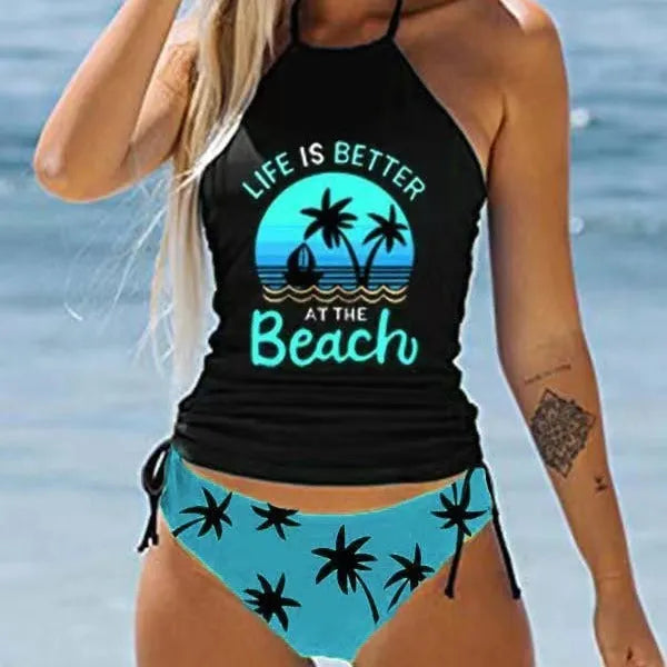 Women's conservative swimsuit with colourful cartoon print and split design for swimming