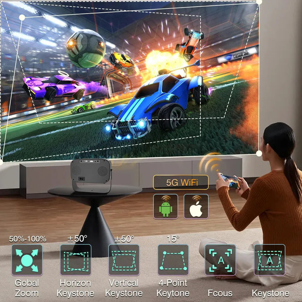 Black portable HD projector with remote control and cables for home office presentations