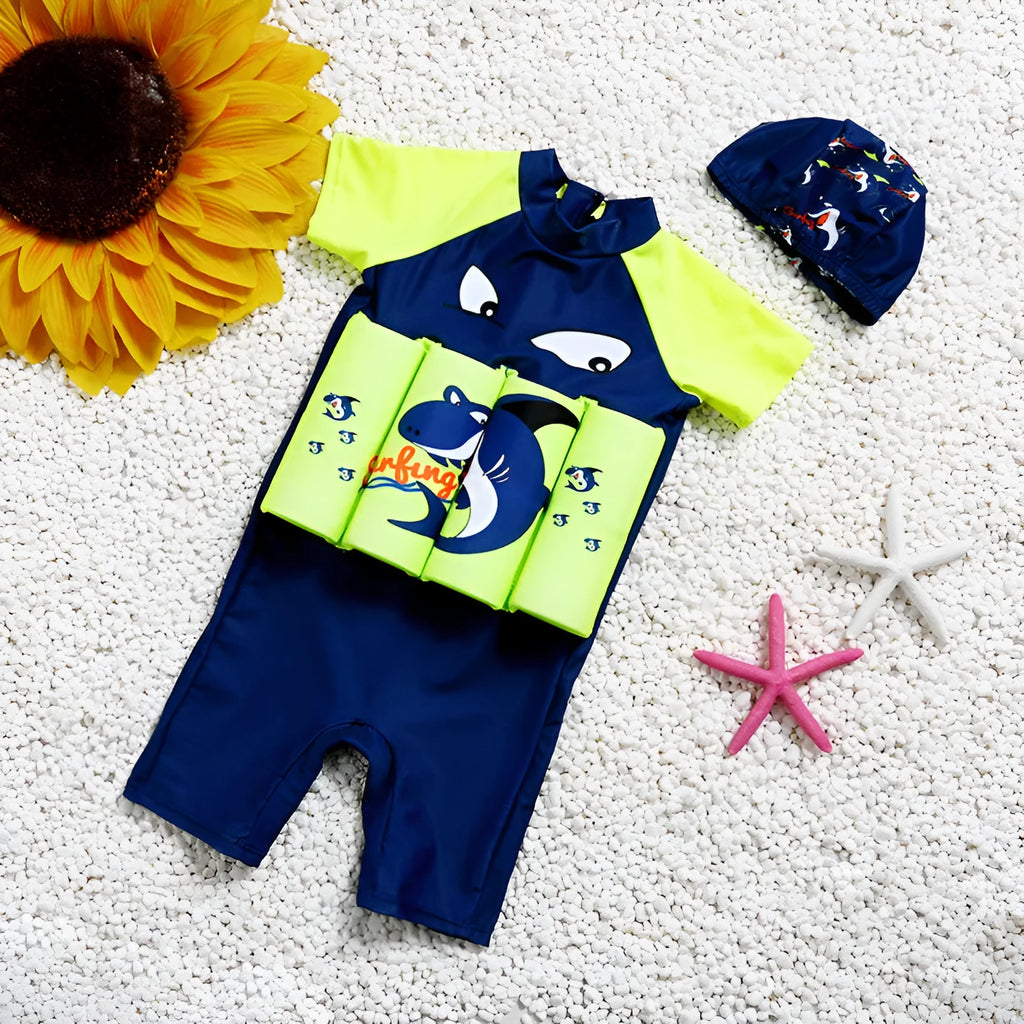 Shark boy print children's buoyancy swimsuit one-piece for pool safety and sun protection