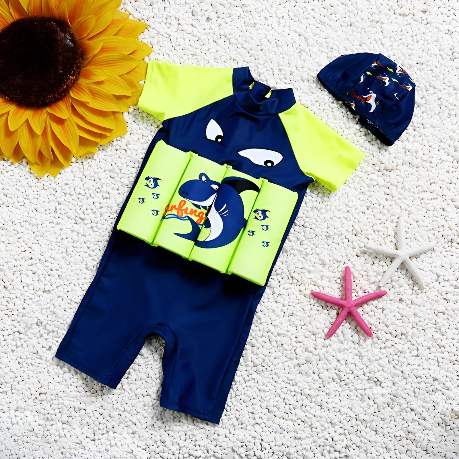 Shark boy print children's buoyancy swimsuit one-piece for pool safety and sun protection