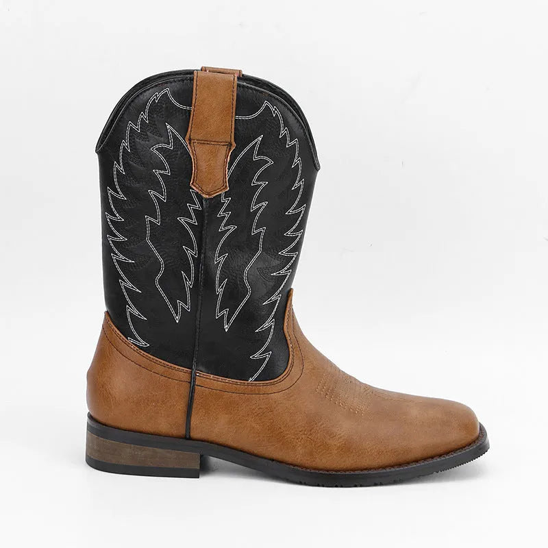 Men's black western denim square toe motorcycle boots with embroidery on a low wedge heel