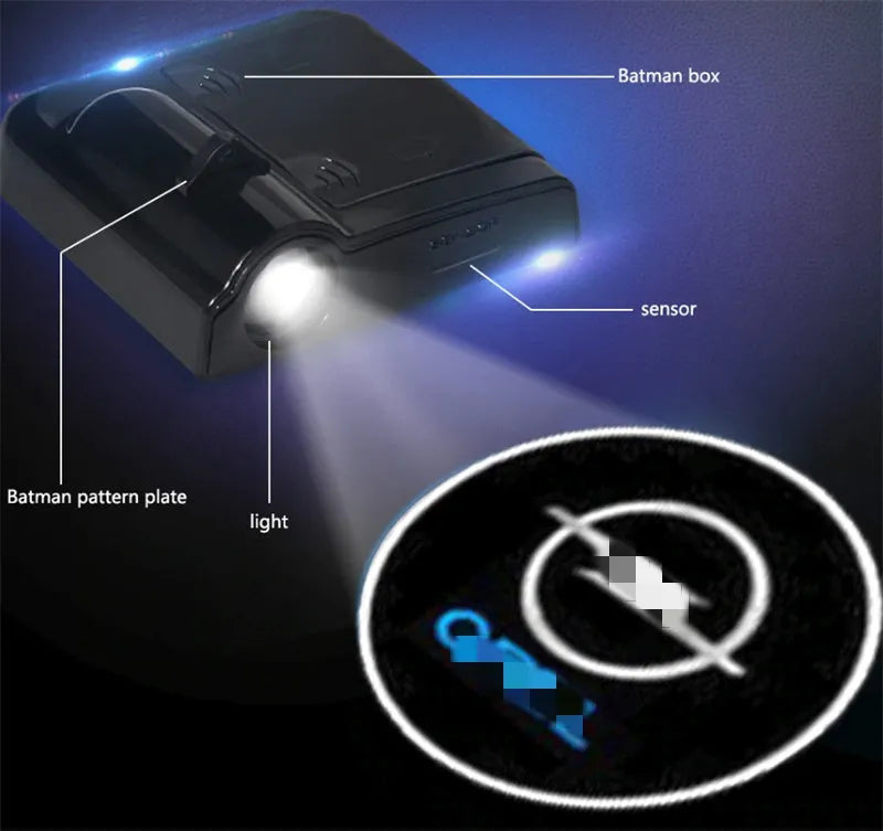 Two black wireless car LED welcome door projection lights with 3D logo display, plastic housing