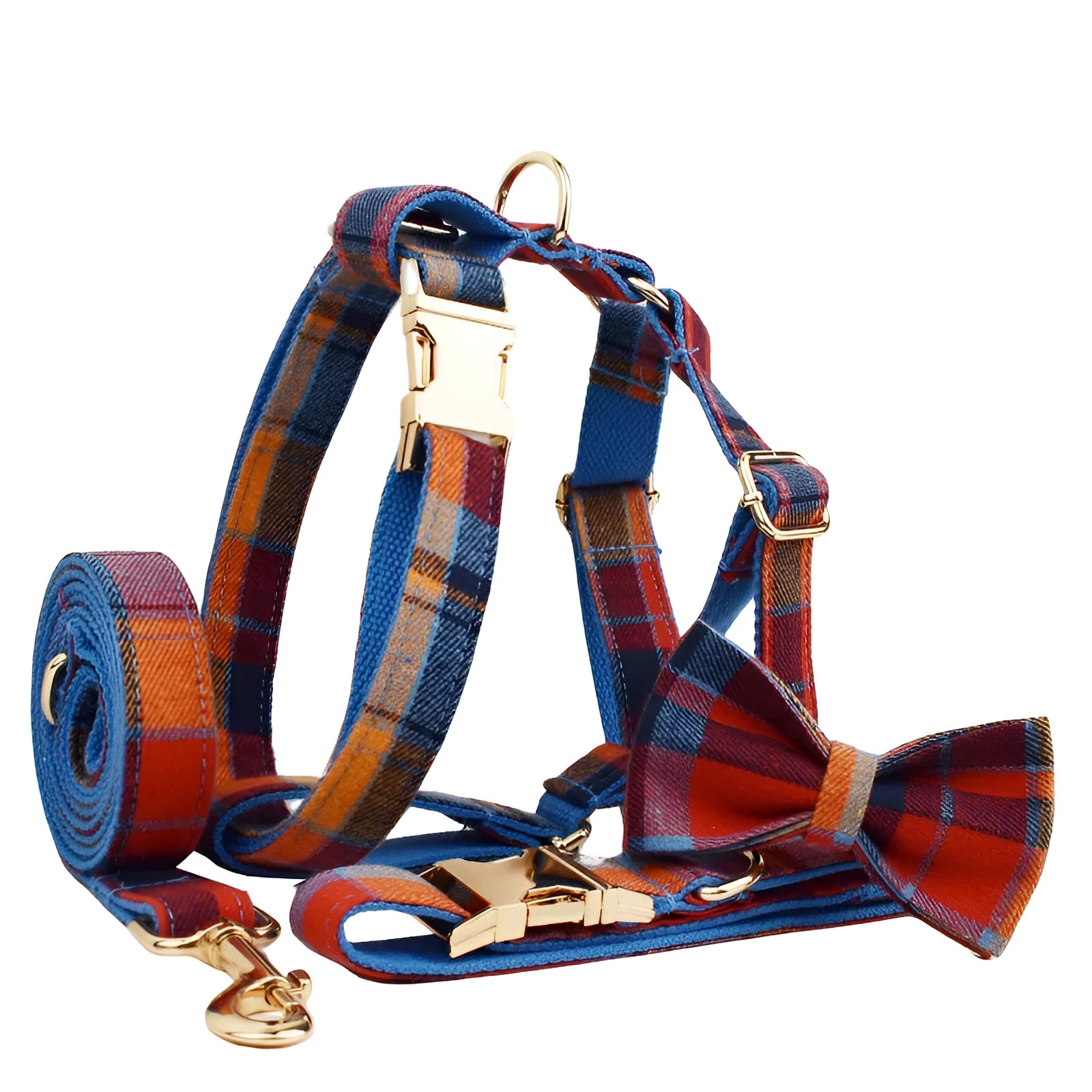 Dog wearing four-piece gentleman fashion set with collar, leash, bow tie and vest in cloth material