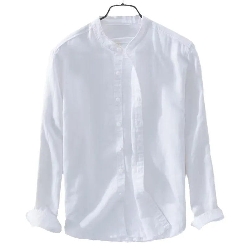 Man wearing a loose fit light blue linen cotton long sleeve casual shirt