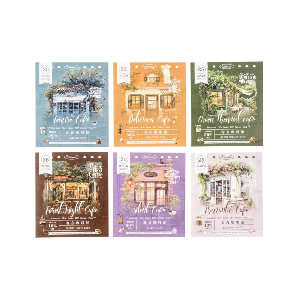 Encounter Cafe Series hand account sticker package with retro style, six colour themes, 25 or 75 stickers for scrapbooking