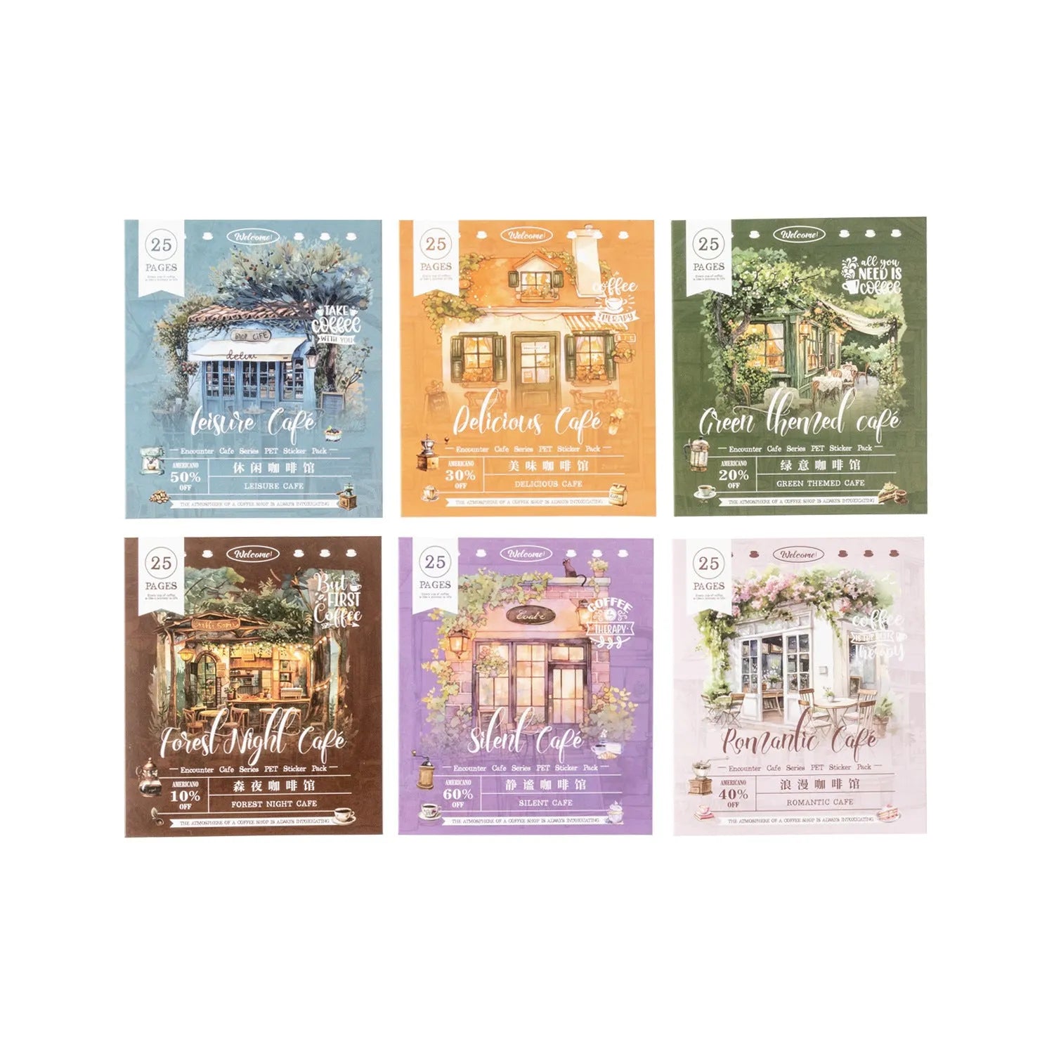Encounter Cafe Series hand account sticker package with retro style, six colour themes, 25 or 75 stickers for scrapbooking