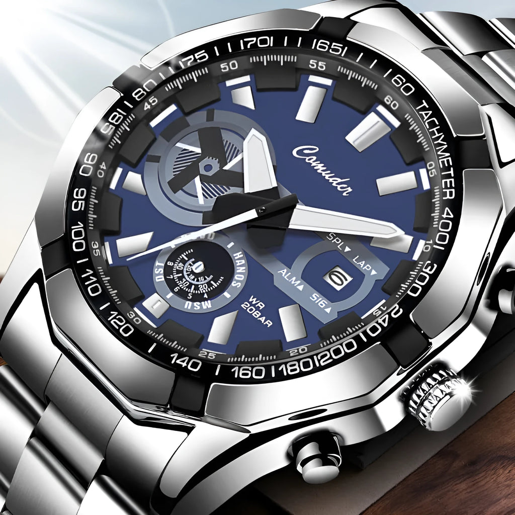Men's large dial waterproof luminous sports watch, 10mm thick, silver steel or black leather strap, blue red or black face