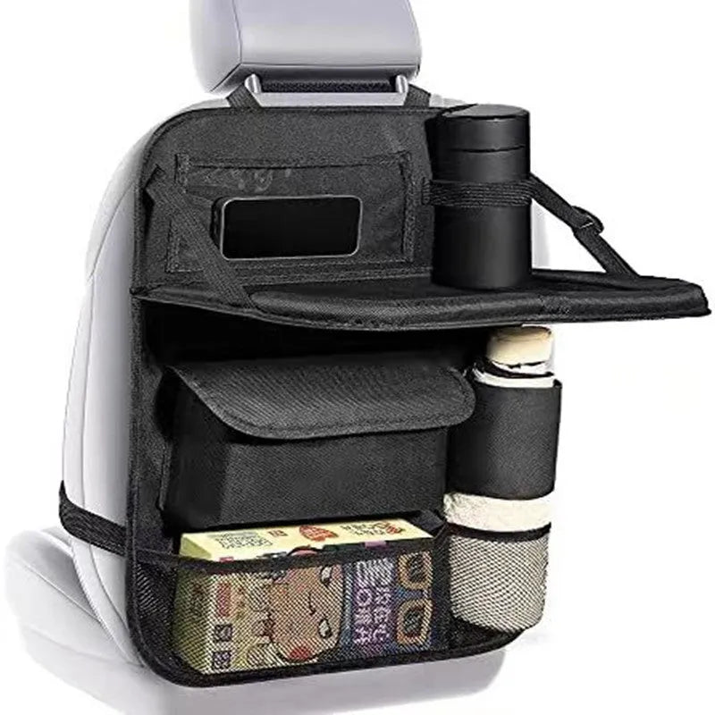 Black Oxford cloth car seat back storage bag with hanging design for vehicle organisation