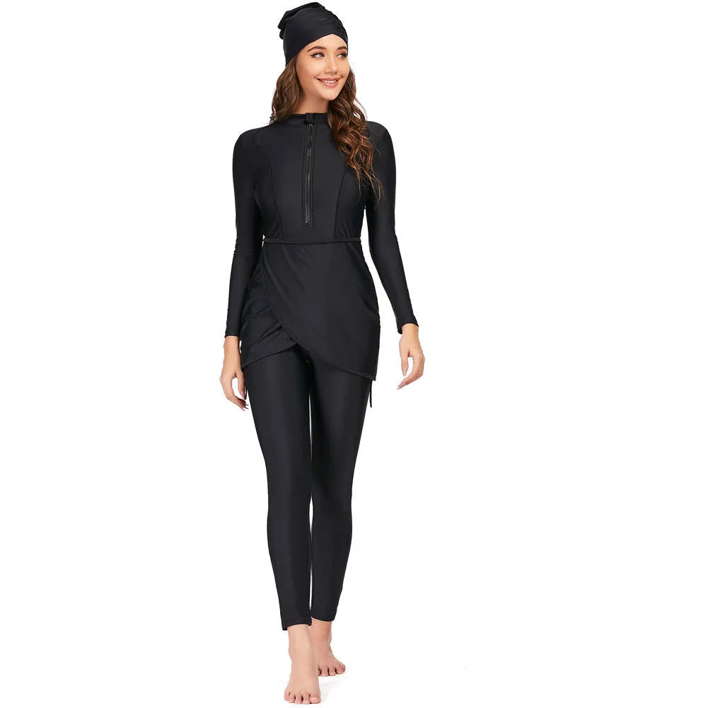 Black conservative full coverage swimsuit for Muslim ladies on a hanger