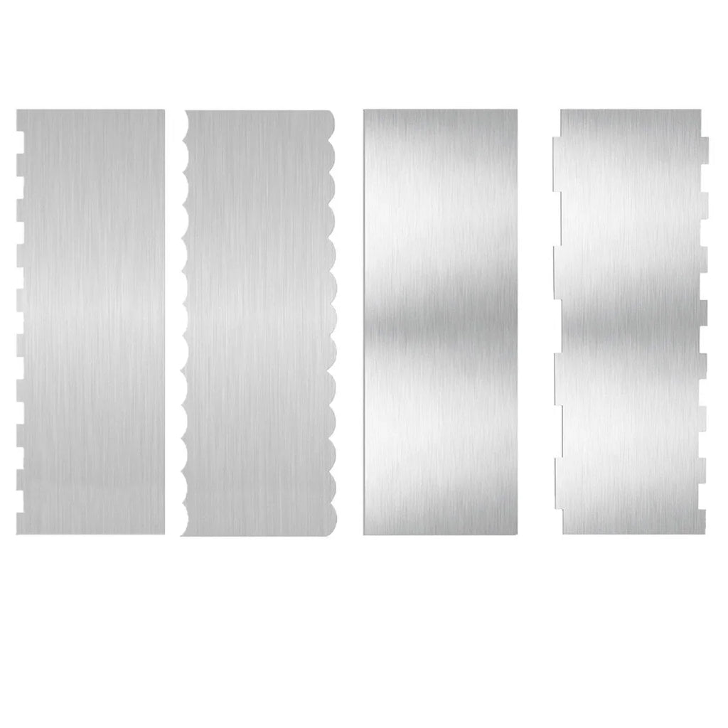 Stainless steel cake scraper with a polygonal pattern for texturing frosting, shown with six style options.