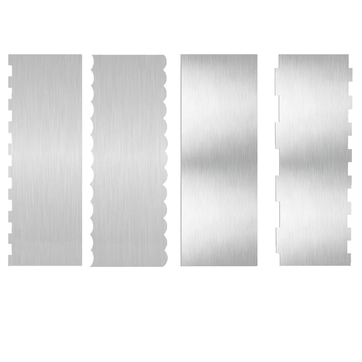 Stainless steel cake scraper with a polygonal pattern for texturing frosting, shown with six style options.