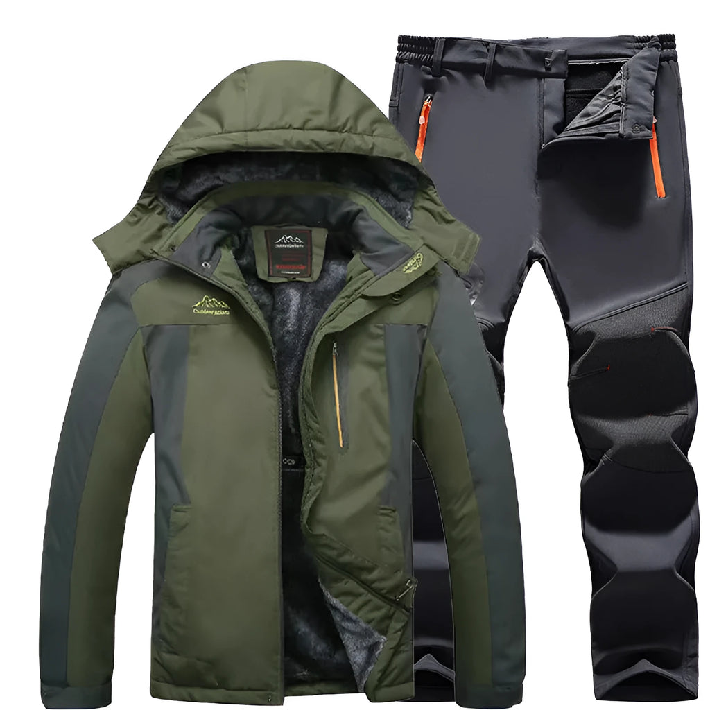 Men's windproof jacket and trousers set in army green, polyester fabric, with waterproof rating 5001-10000mm, for outdoor hiking and camping