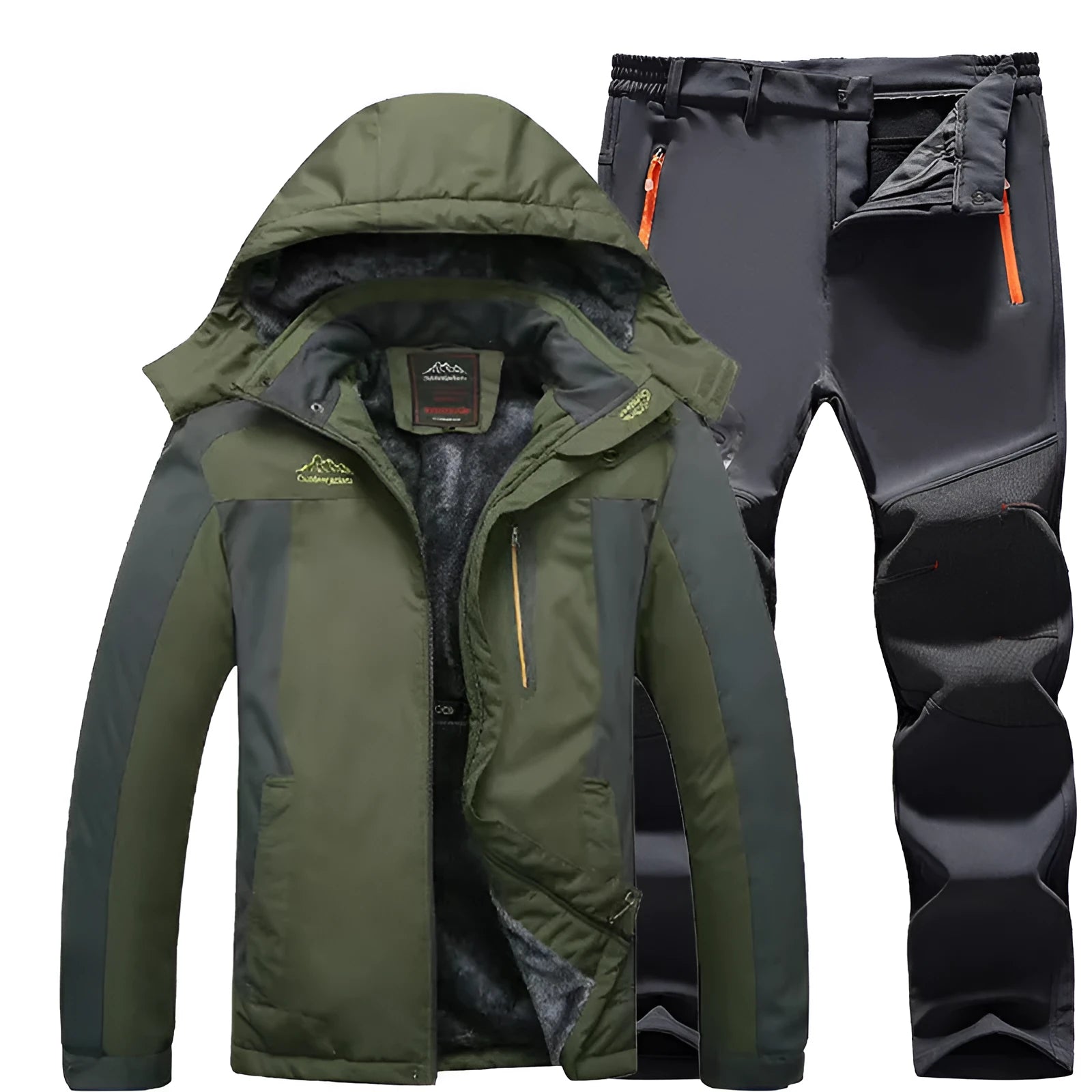 Men's windproof jacket and trousers set in army green, polyester fabric, with waterproof rating 5001-10000mm, for outdoor hiking and camping