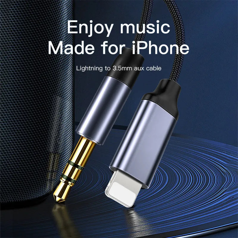 Silver and black nylon audio cable with 3.5mm connectors in three different lengths.