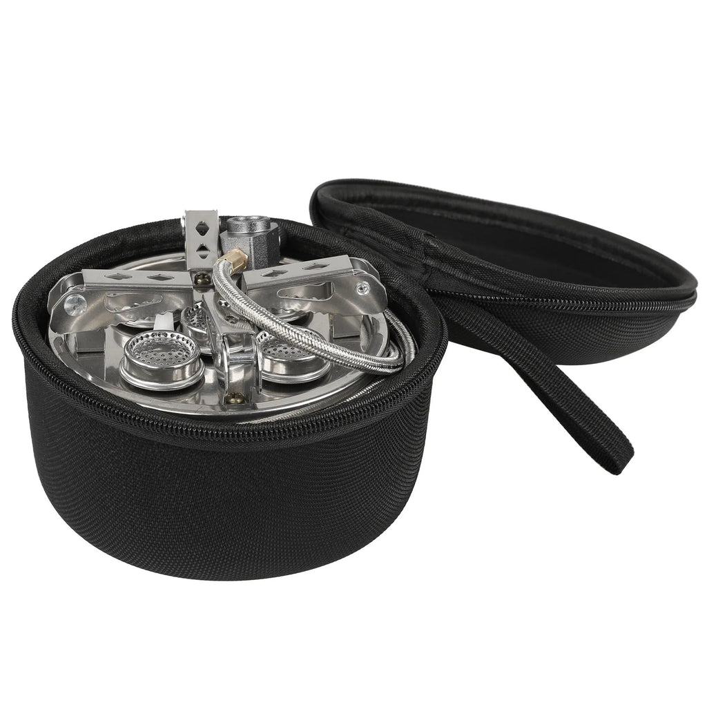 Silver portable split camping stove with fuel hose, shown folded to compact size for transport.