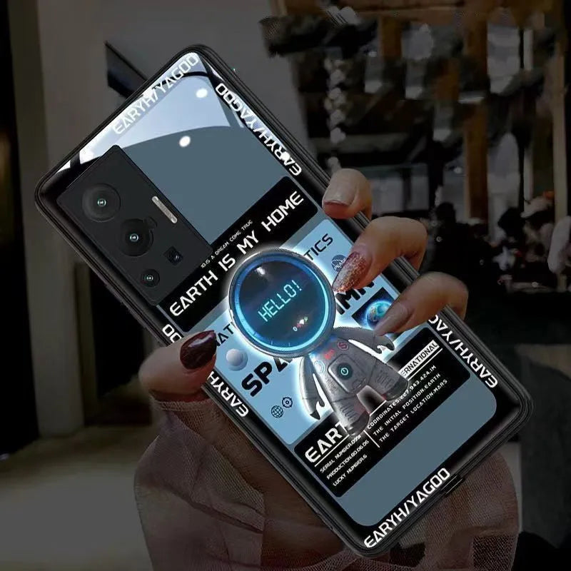 Astronaut luminous tempered glass phone case for Samsung with glow effect, blue colour, rear cover view