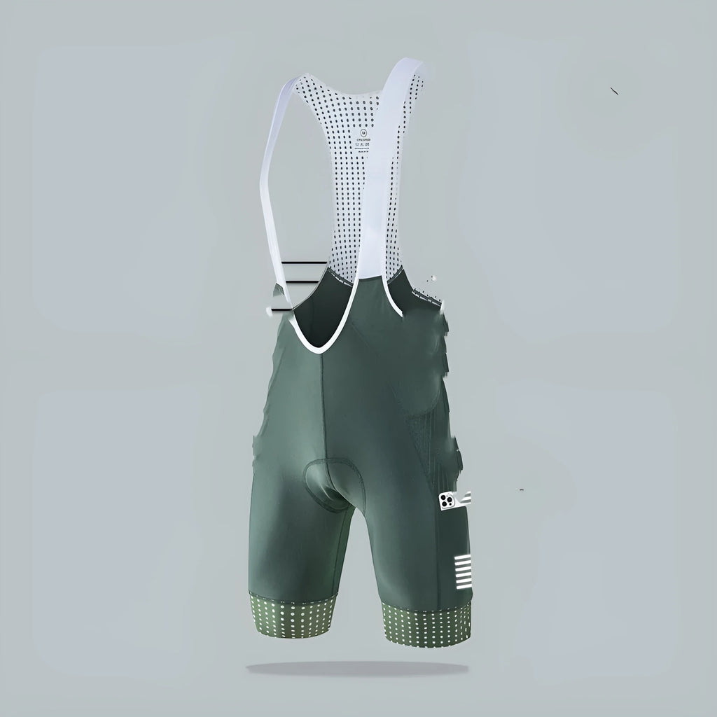 Men's cycling suspender shorts in grey polyester fabric for summer road biking.