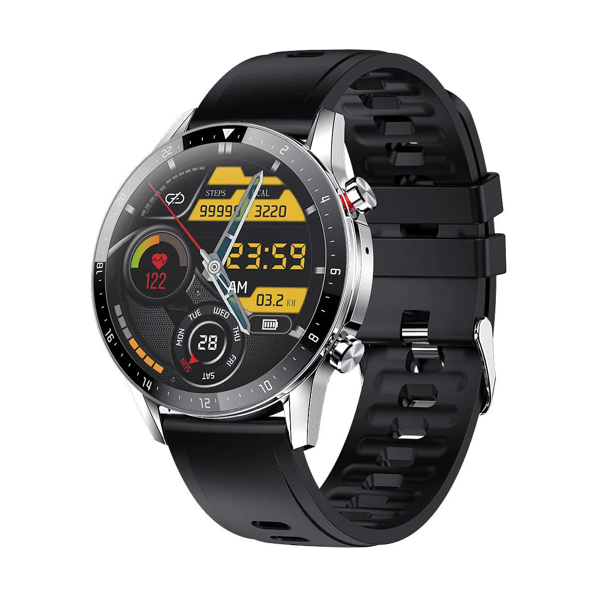 Bluetooth smart watch with a 1.3-inch screen on a wrist, showing call and music player functions.