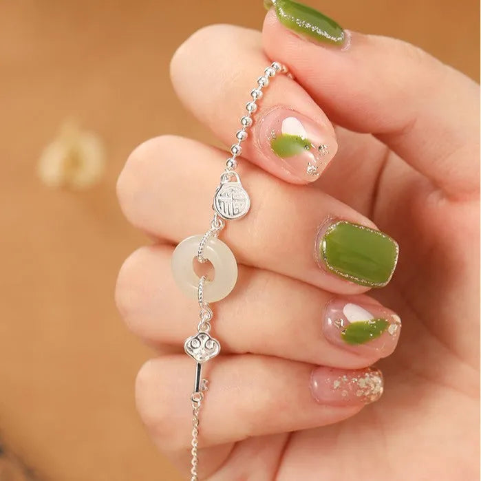 Women's 925 silver Hetian jade bracelet with Chinese style Ruyi Xiaofu geometric design