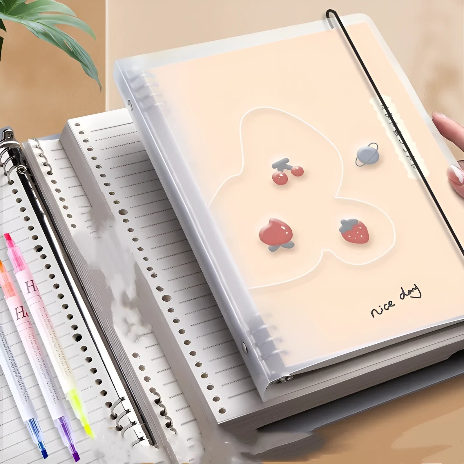 B5 hardcover notebook with lucky cat design showing binder binding for detachable pages