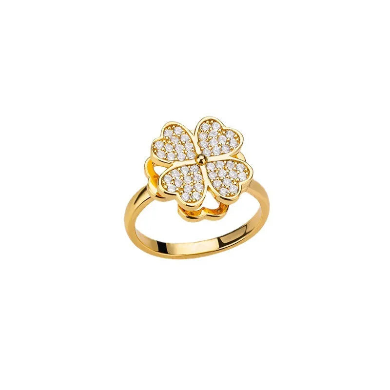 Rotatable flower ring with rhinestones in gold copper finish for women