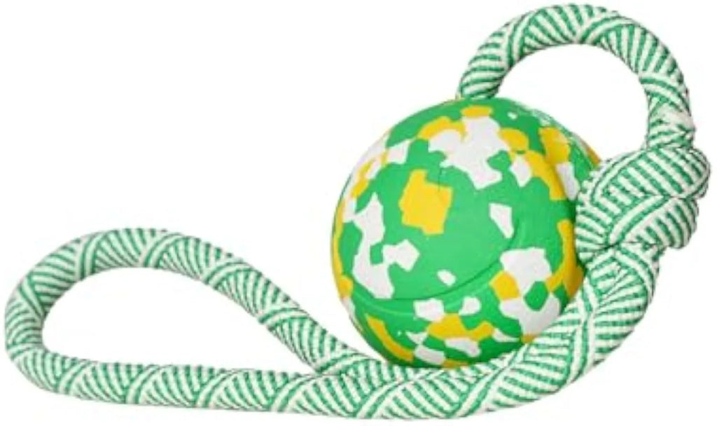 Natural rubber dog ball attached to a blue nylon rope for fetch and tug games